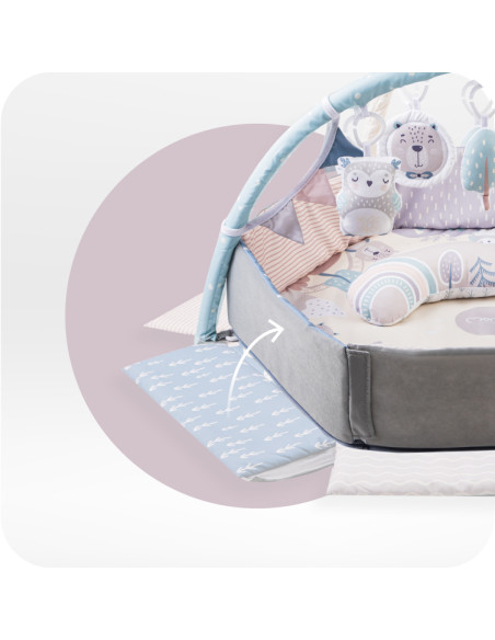 MoMi PASTEL 3w1  mata edukacyjna, kojec, basen z piłkami